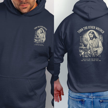 Navy hoodie with Jesus holding a wrench and engine parts. Text reads "Turn the other wrench".