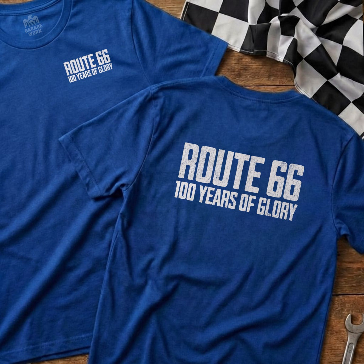 Two blue t-shirts with "Route 66 100 Years of Glory" printed on them.