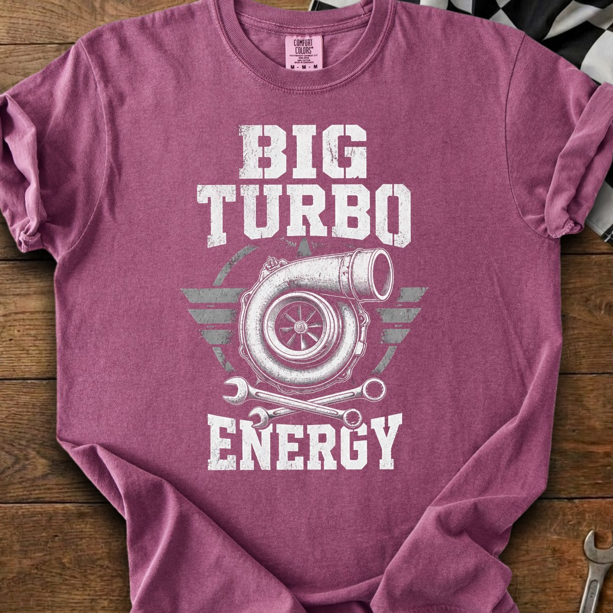 T-shirt with "BIG TURBO ENERGY" text and a turbocharger graphic.