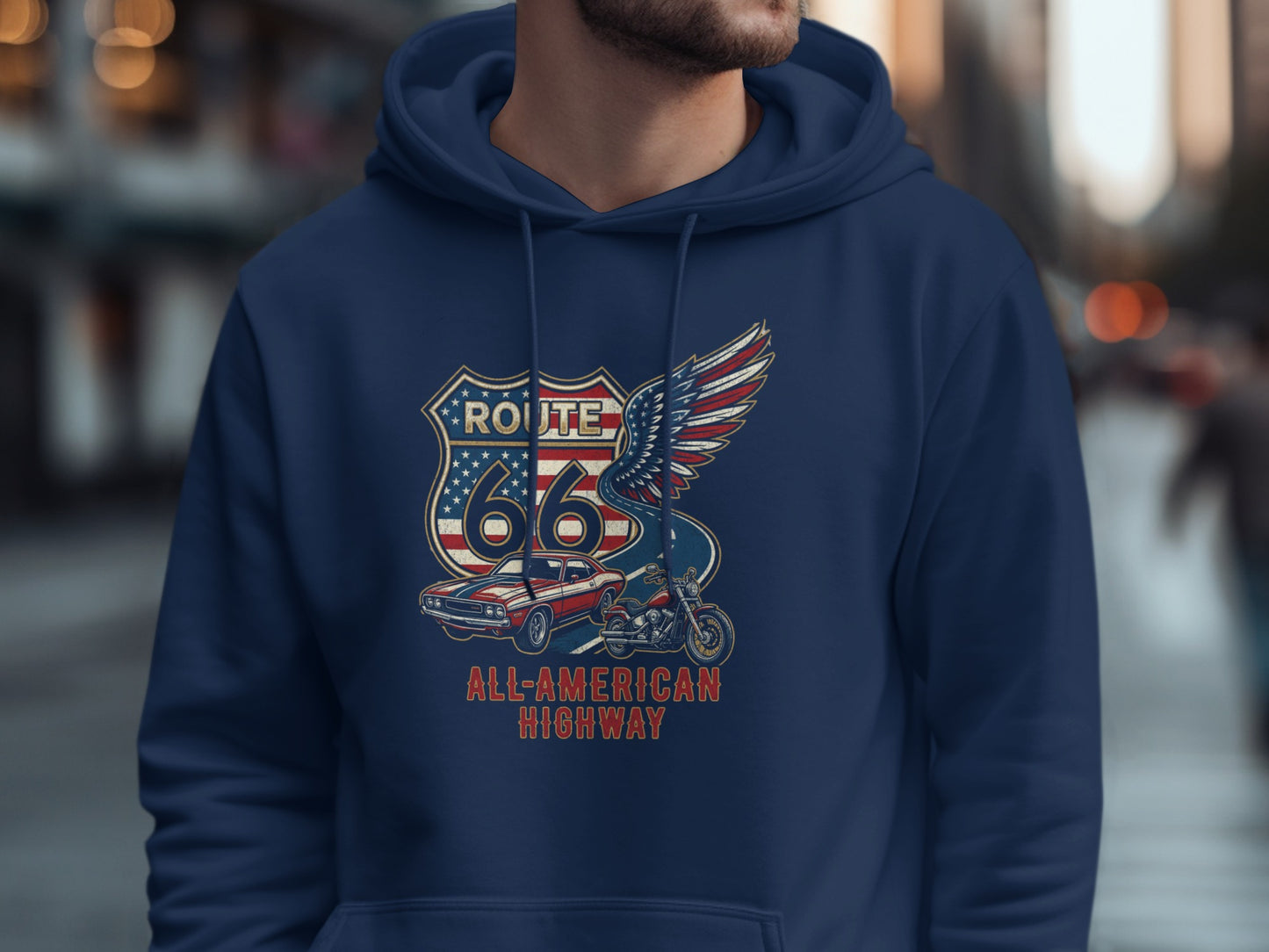 Navy hoodie with Route 66 All-American Highway design featuring wings and motorcycle.