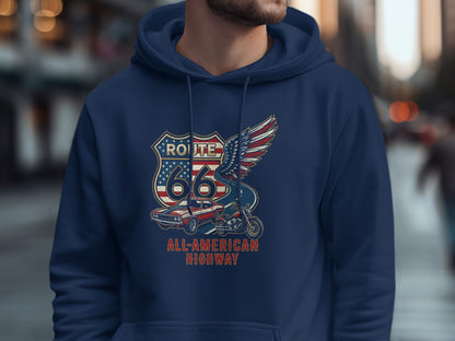 Navy hoodie with Route 66 All-American Highway design featuring wings and motorcycle.