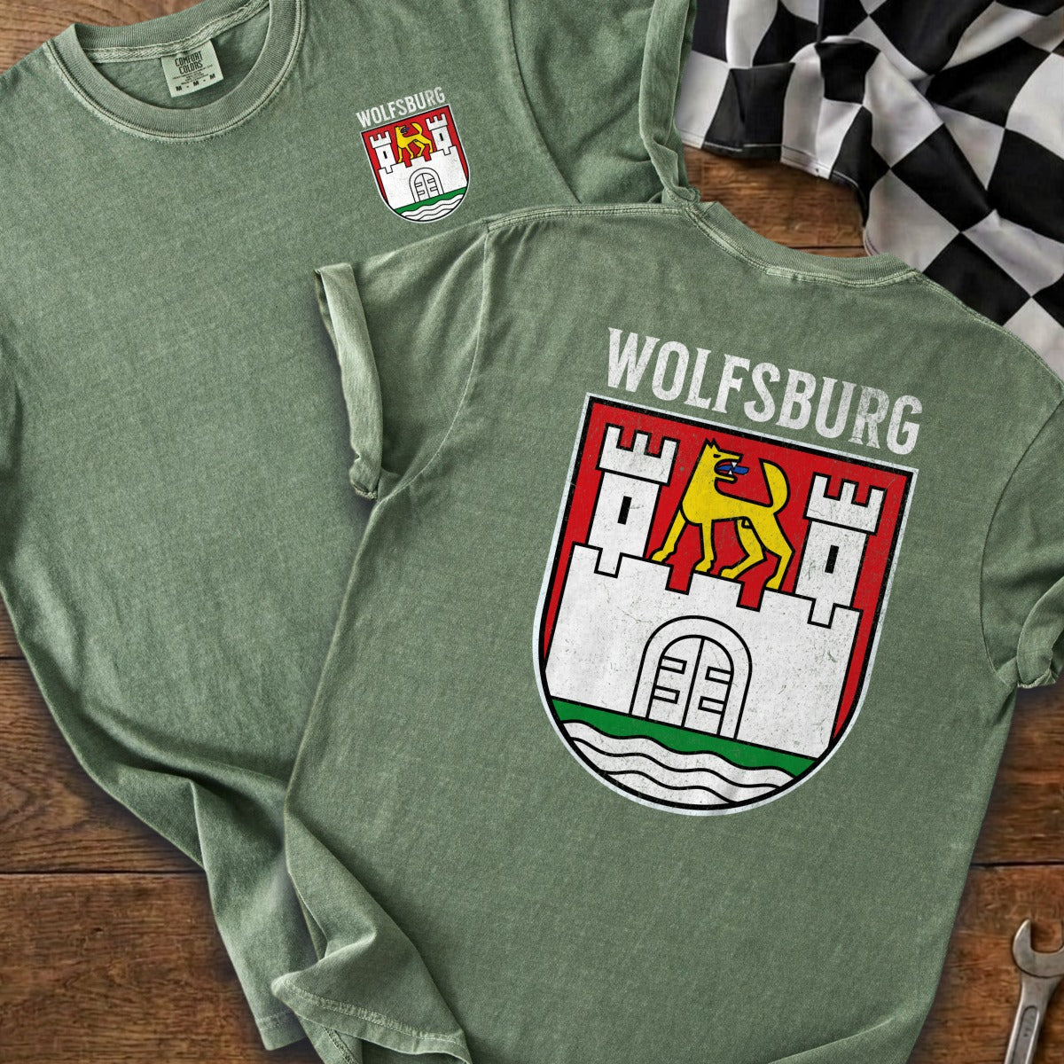 Green t-shirt with Wolfsburg crest and text on chest and back