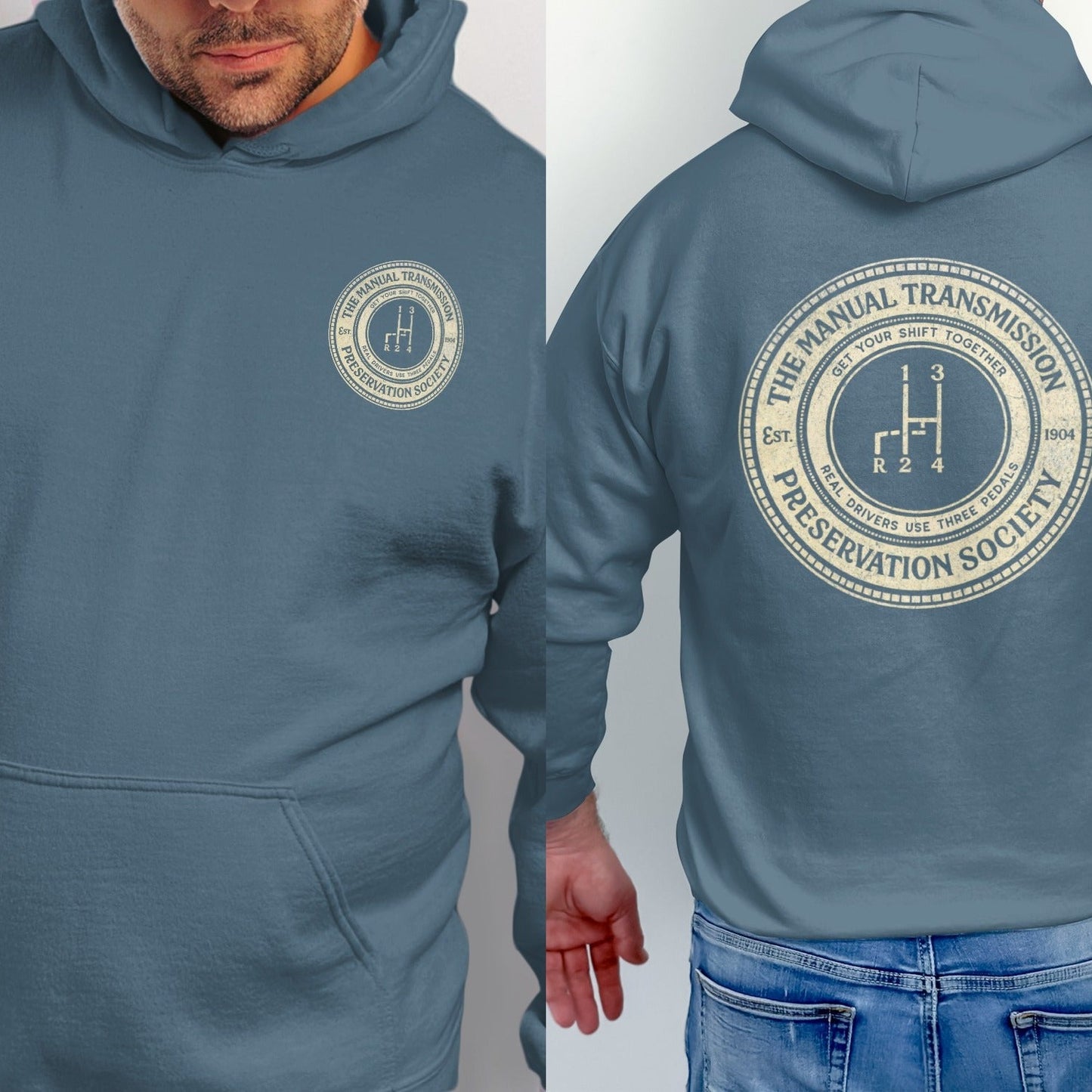 Teal hoodie with "The Manual Transmission Preservation Society" logo featuring a gear shift pattern.