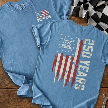 Blue shirts with distressed American flag graphic, "1776 2026 250 YEARS".