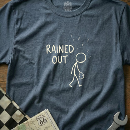 Blue t-shirt with "RAINED OUT" and a stick figure holding an umbrella.