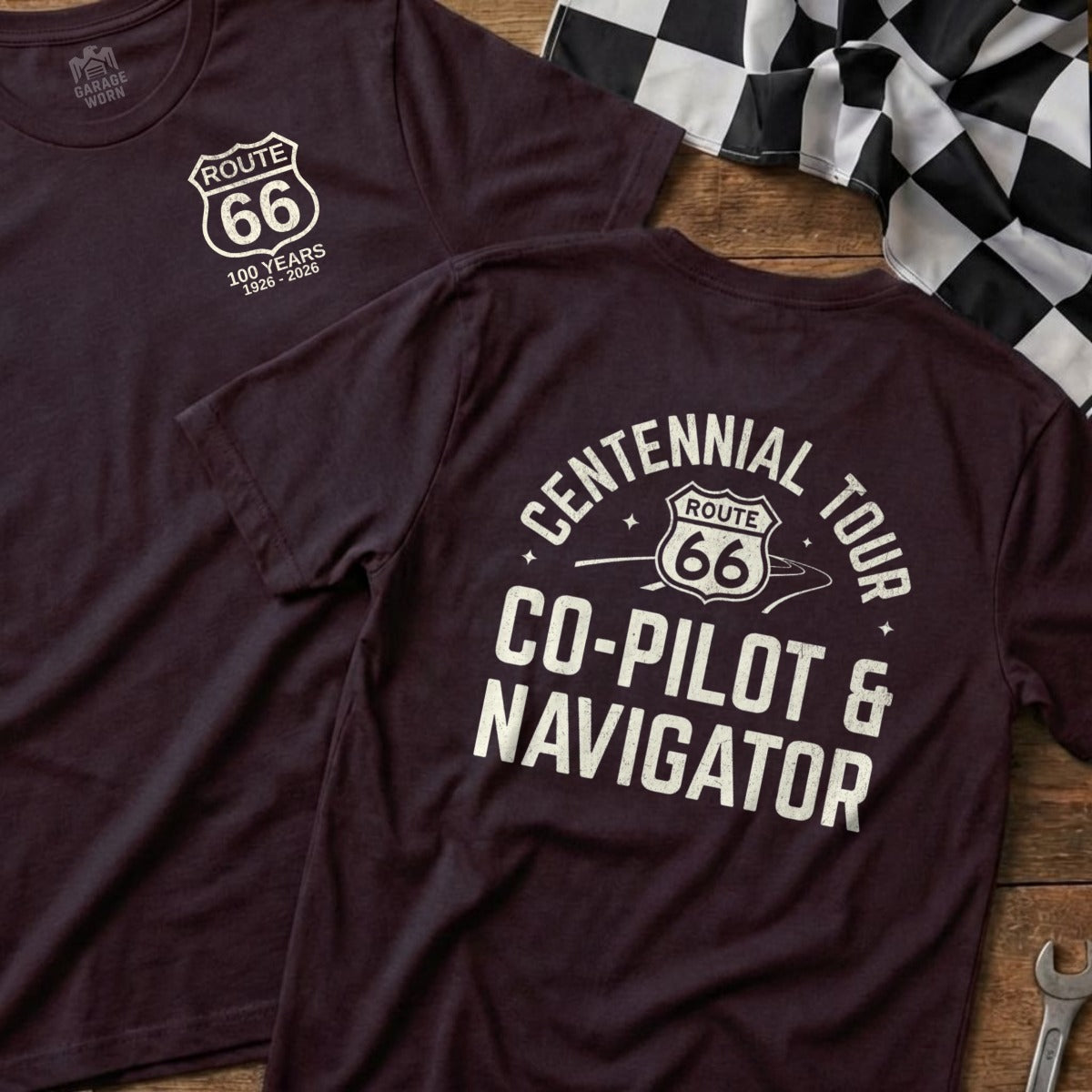 Maroon t-shirts featuring Route 66 centennial tour graphic with text.