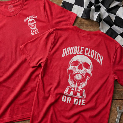 Red t-shirt with skull, gear shift, and "Double Clutch Or Die" text.