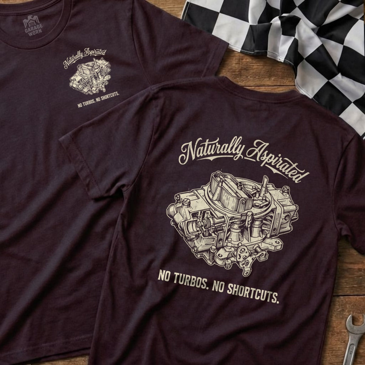 Maroon t-shirt with "Naturally Aspirated" and carburetor graphic.