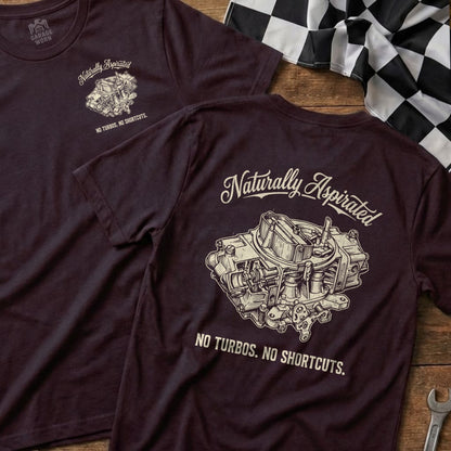 Maroon t-shirt with "Naturally Aspirated" and carburetor graphic.