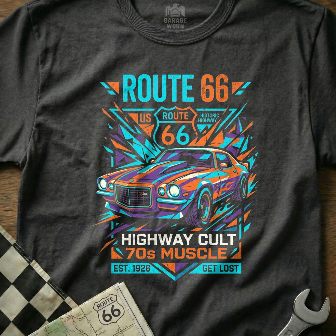 T-shirt with vintage Route 66 70s muscle car graphic, "Highway Cult" text.