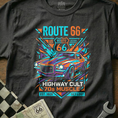 T-shirt with vintage Route 66 70s muscle car graphic, "Highway Cult" text.