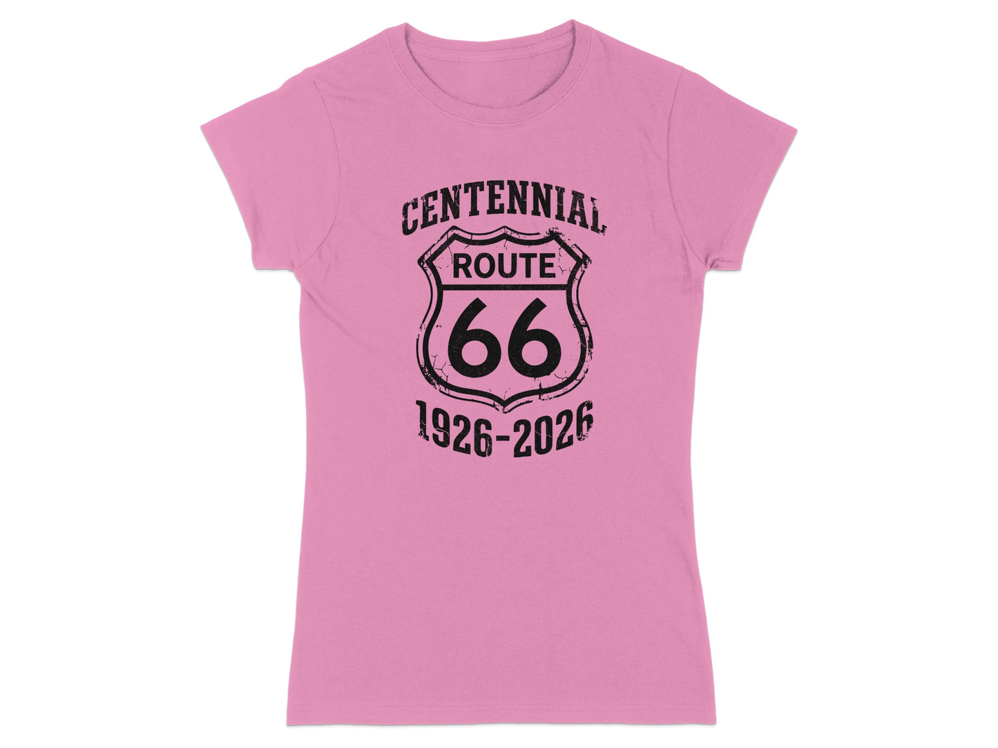 Pink t-shirt with Route 66 Centennial 1926-2026 shield logo.
