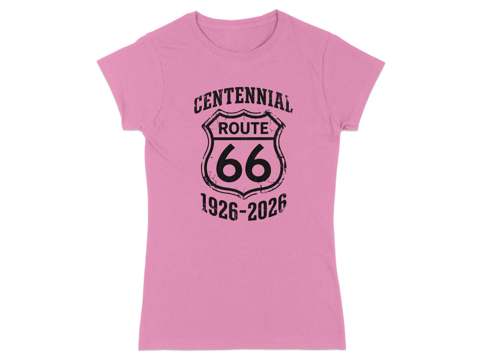 Pink t-shirt with Route 66 Centennial 1926-2026 shield logo.