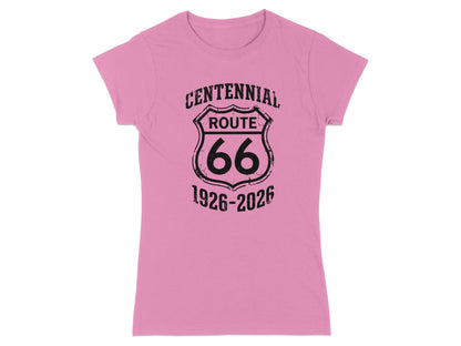 Pink t-shirt with Route 66 Centennial 1926-2026 shield logo.