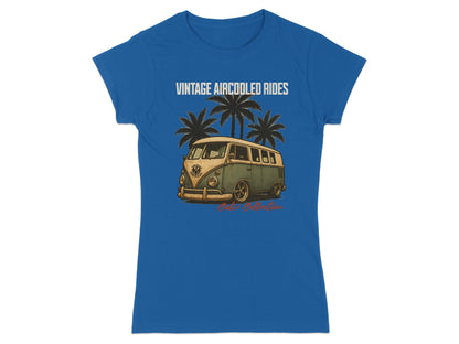 Blue t-shirt with vintage van, palm trees, and "VINTAGE AIRCOOLED RIDES" text