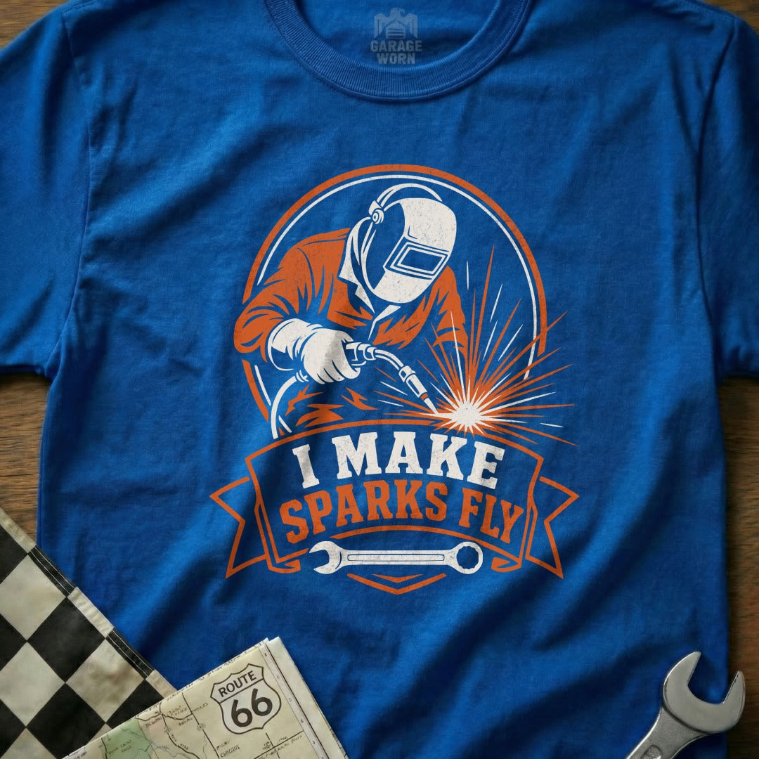 Blue t-shirt with "I Make Sparks Fly" graphic of a welder.