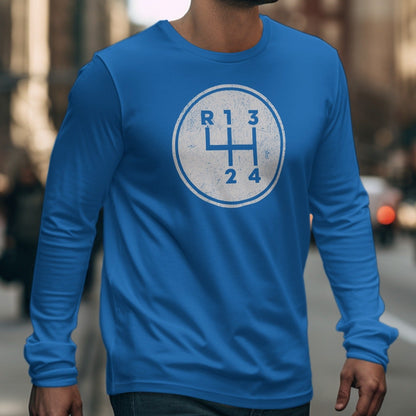 Blue long sleeve shirt with a distressed white manual gear shift pattern graphic