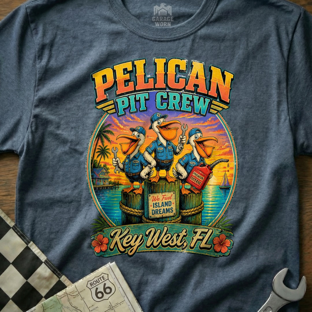 Pelican Pit Crew t-shirt art with three pelicans in uniforms and a gas can.