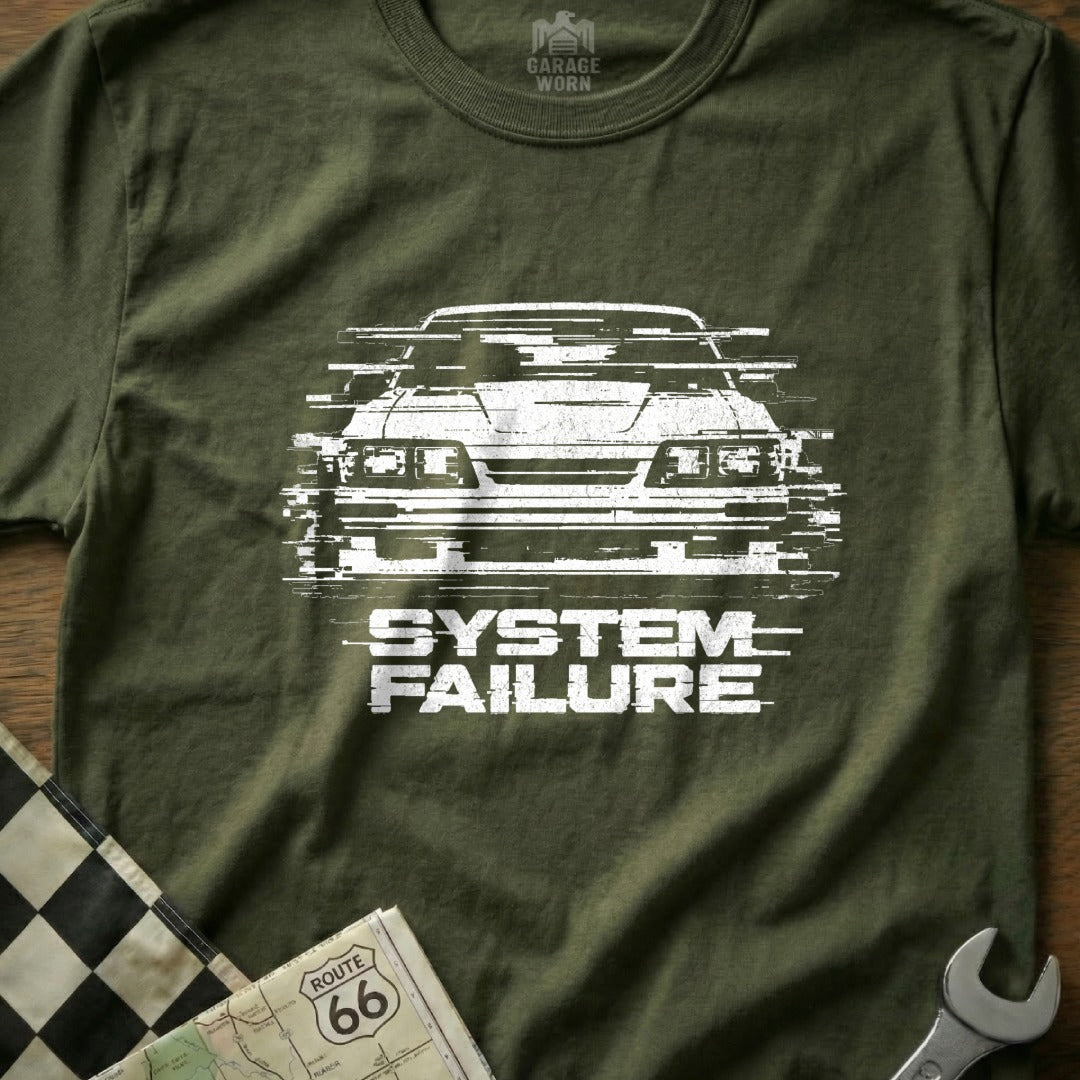 Distressed Car Graphic with System Failure Text Shirt