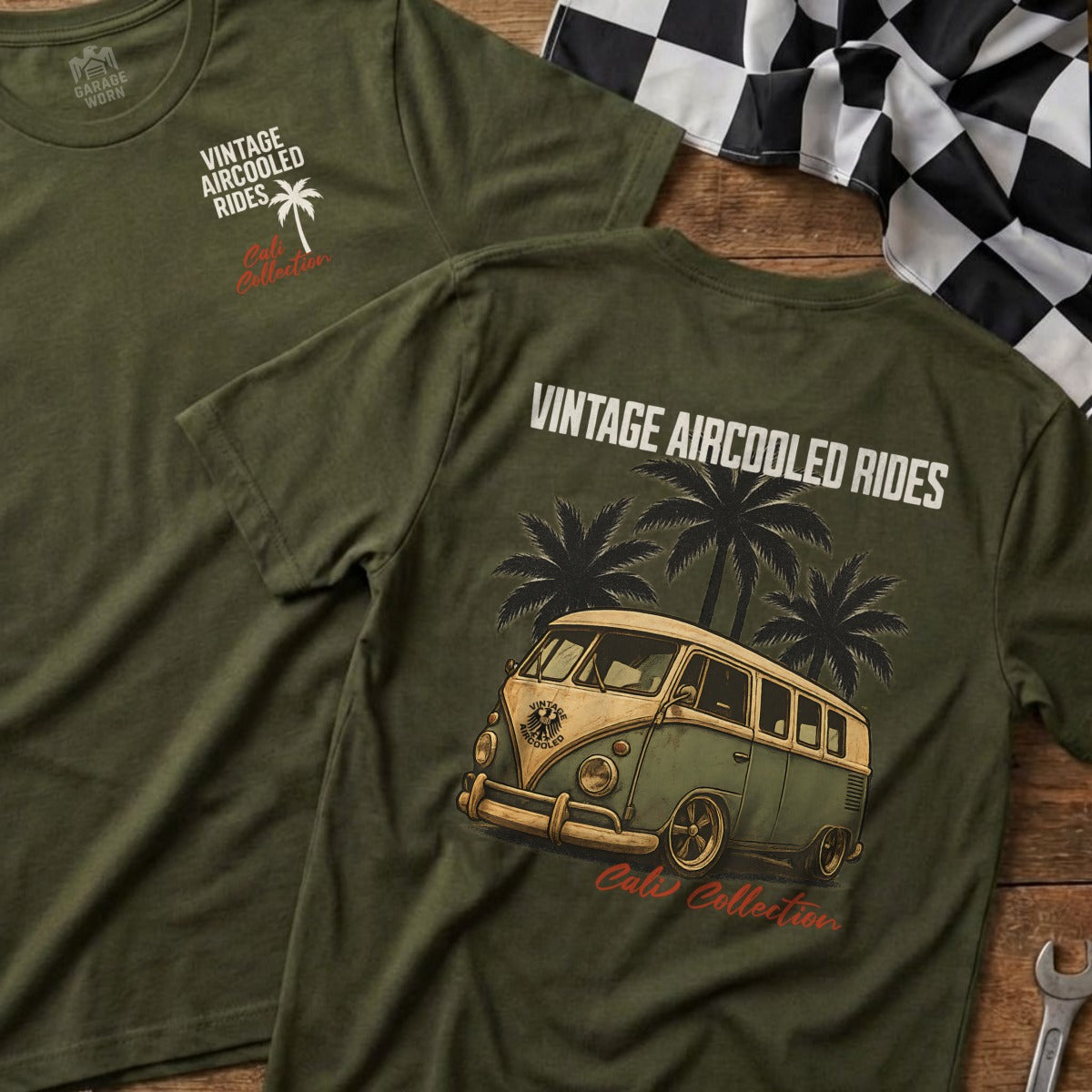 Green t-shirt with vintage VW van and palm trees.