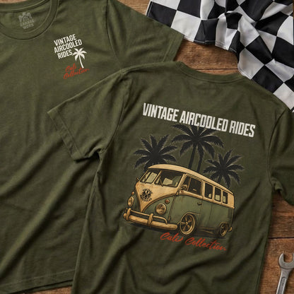Green t-shirt with vintage VW van and palm trees.