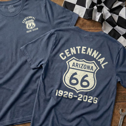 Blue t-shirt with "Centennial Arizona 66" and "1926-2026" distressed graphics.