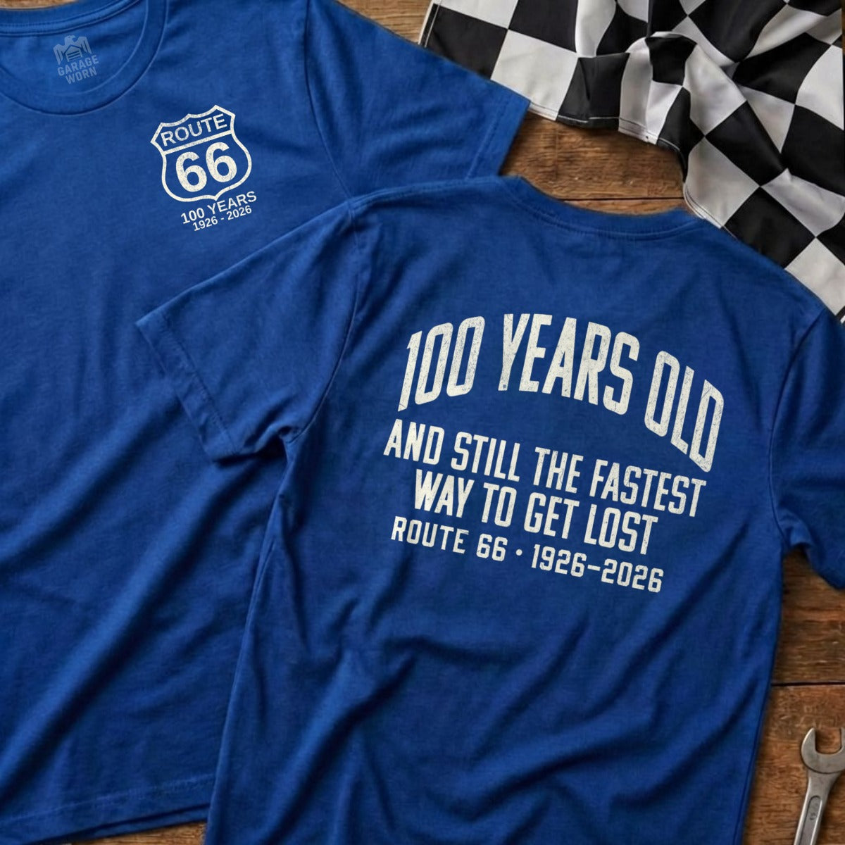 Two blue t-shirts with "Route 66 100 Years 1926-2026" text.