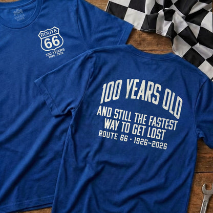 Two blue t-shirts with "Route 66 100 Years 1926-2026" text.