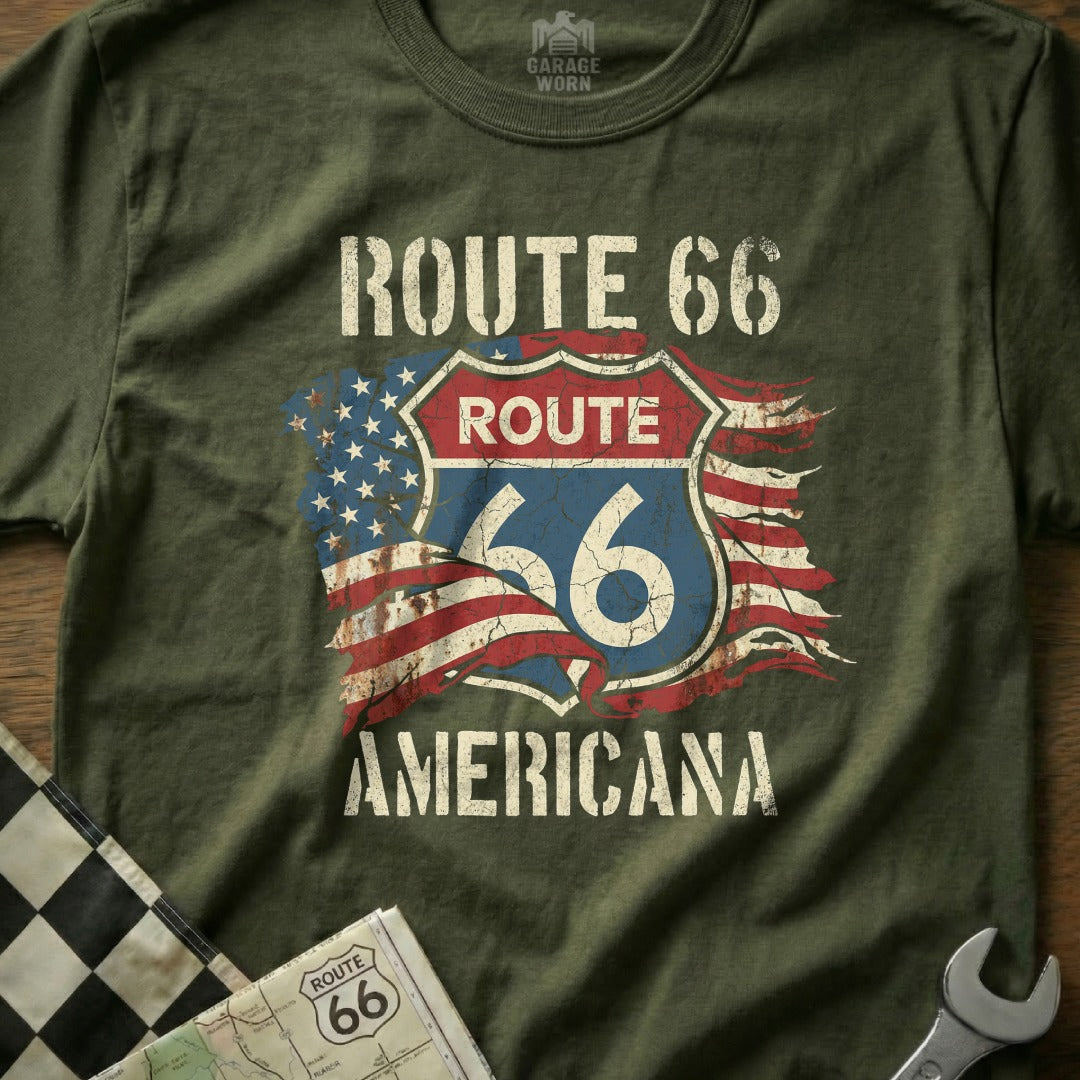 Olive green t-shirt featuring a distressed Route 66 Americana logo with US flag.