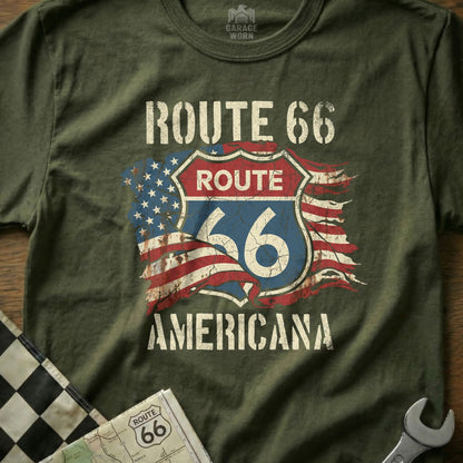 Olive green t-shirt featuring a distressed Route 66 Americana logo with US flag.