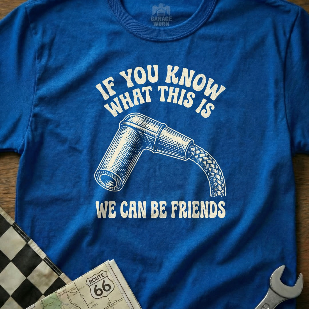 Blue t-shirt with "IF YOU KNOW WHAT THIS IS WE CAN BE FRIENDS" and spark plug graphic.