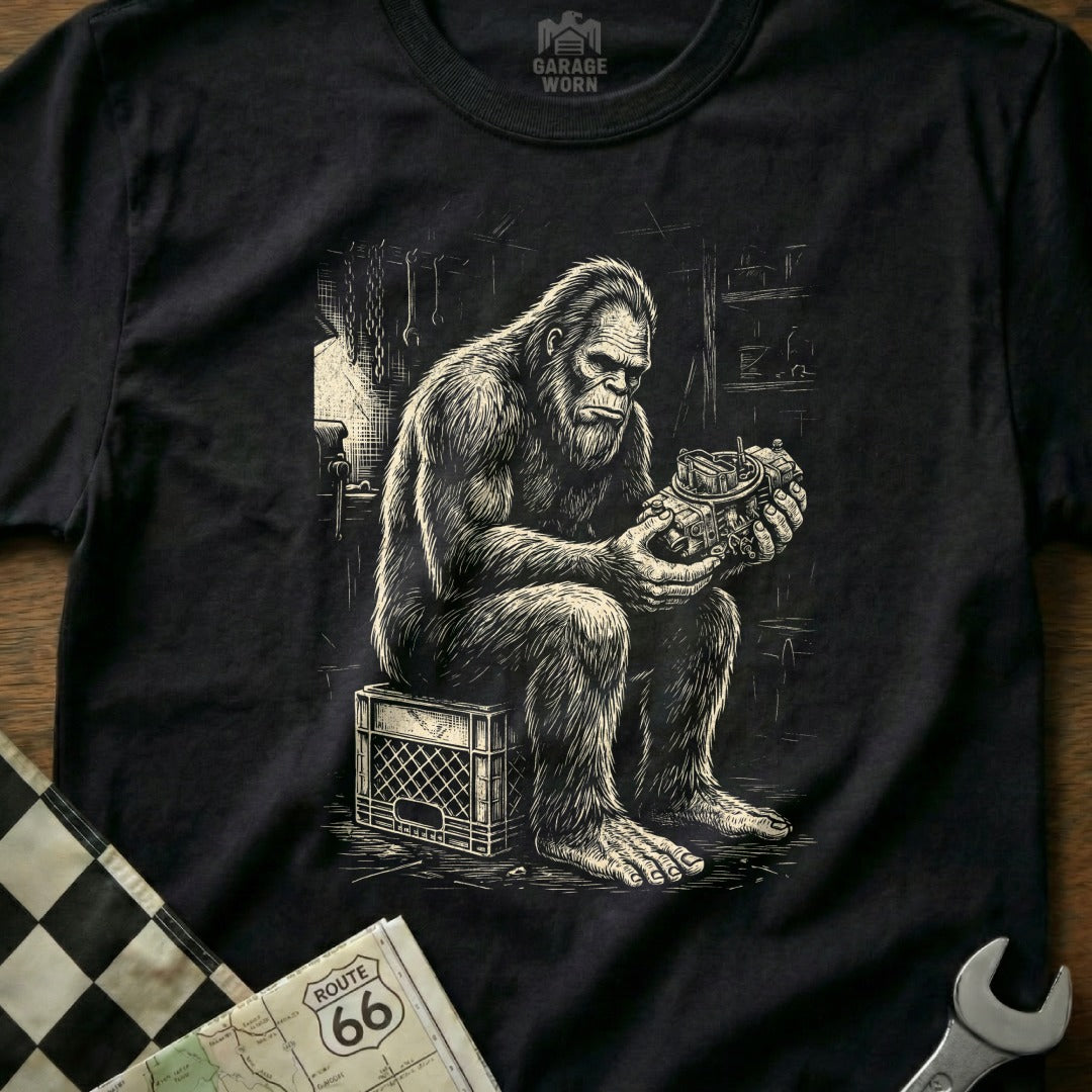 Bigfoot sits holding a carburetor in a garage workshop.
