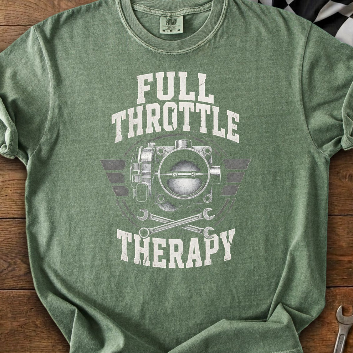 Green t-shirt with "Full Throttle Therapy" text and throttle body graphic.