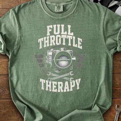 Green t-shirt with "Full Throttle Therapy" text and throttle body graphic.