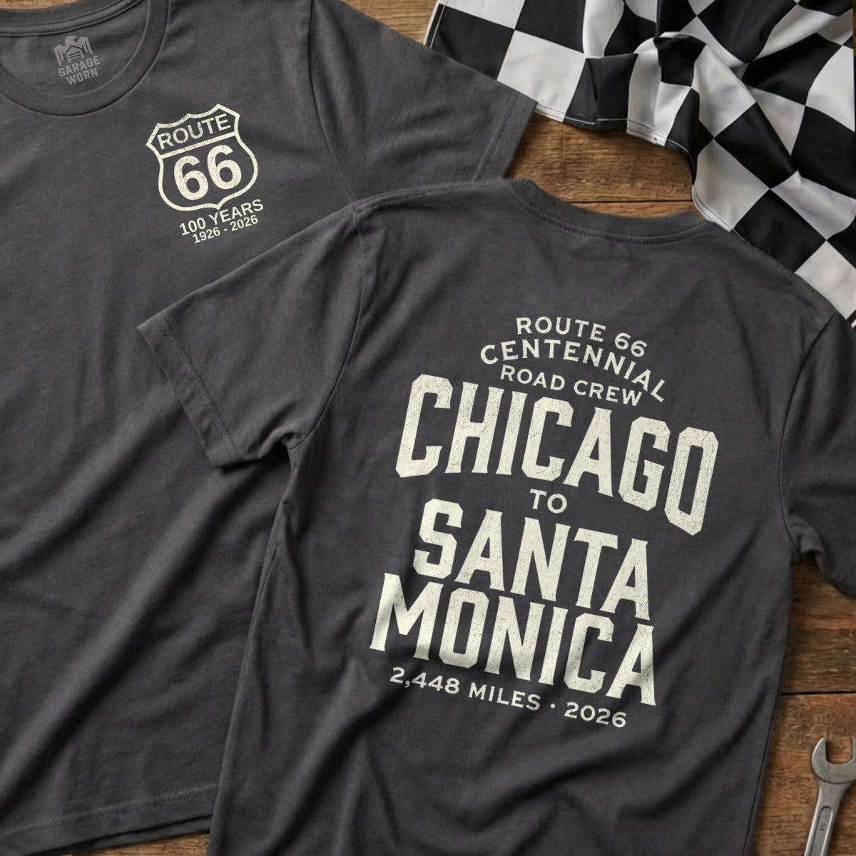 T-shirts with Route 66 centennial designs, one showing "100 Years 1926-2026", the other "Chicago to Santa Monica".