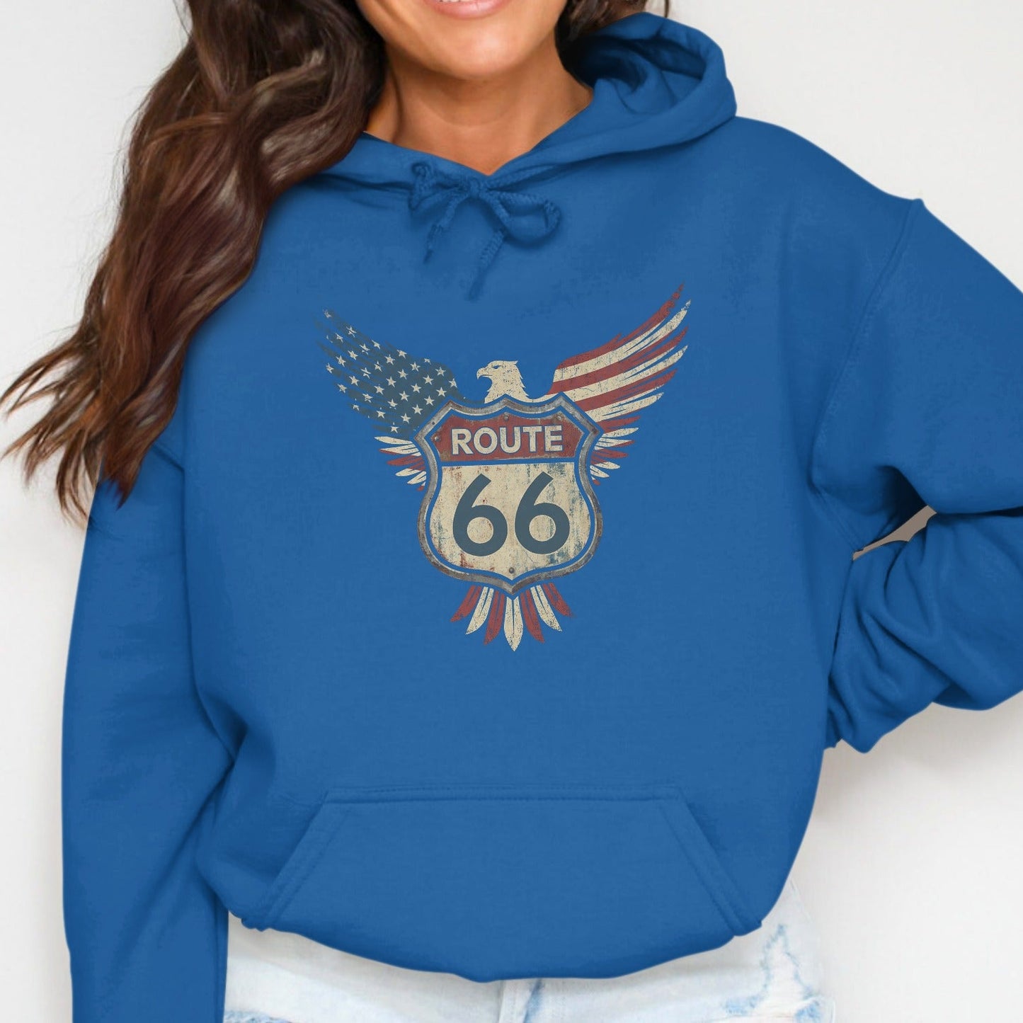 Blue hoodie featuring a distressed Route 66 shield logo with an American flag eagle.