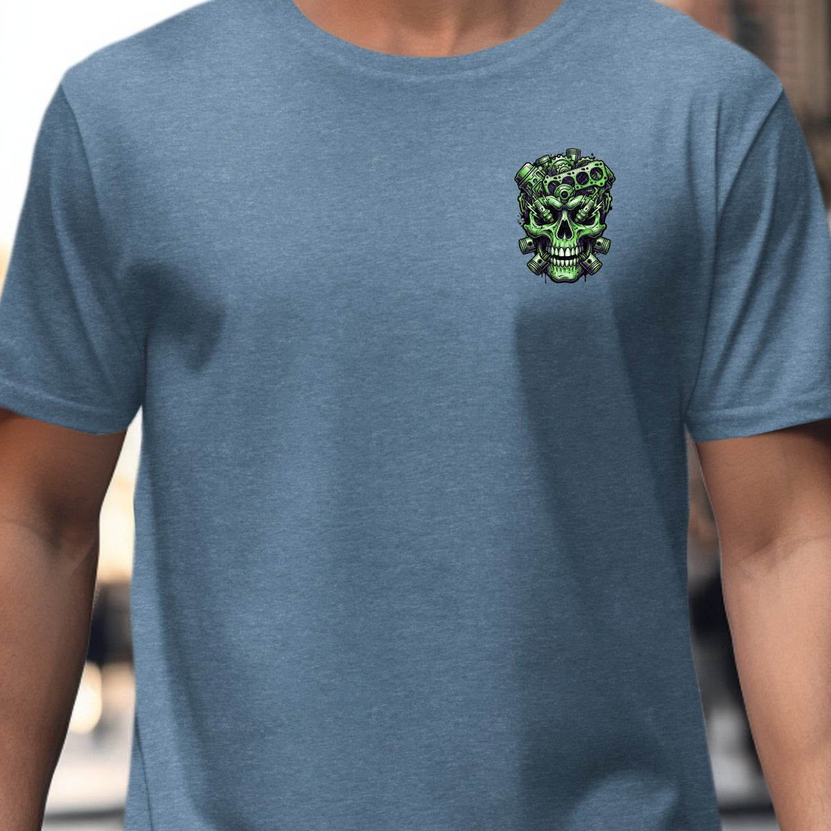 Green Gear Skull Graphic on Blue T-shirt product