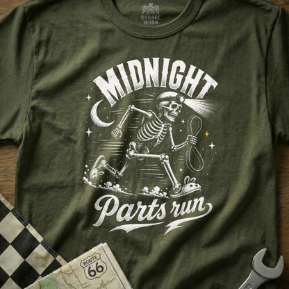 Skeleton running with headlamp, holding a rope, with "Midnight Parts run" text.