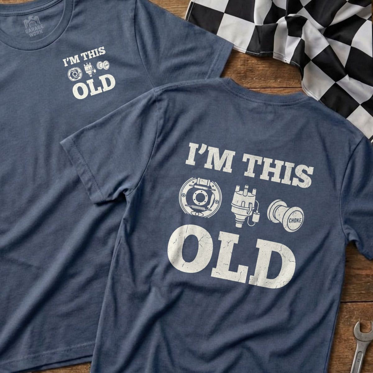 Navy blue t-shirt with "I'm This Old" and car parts graphics.