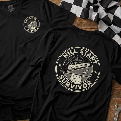 Black t-shirt with "Hill Start Survivor" graphic on back and matching shirt on left.
