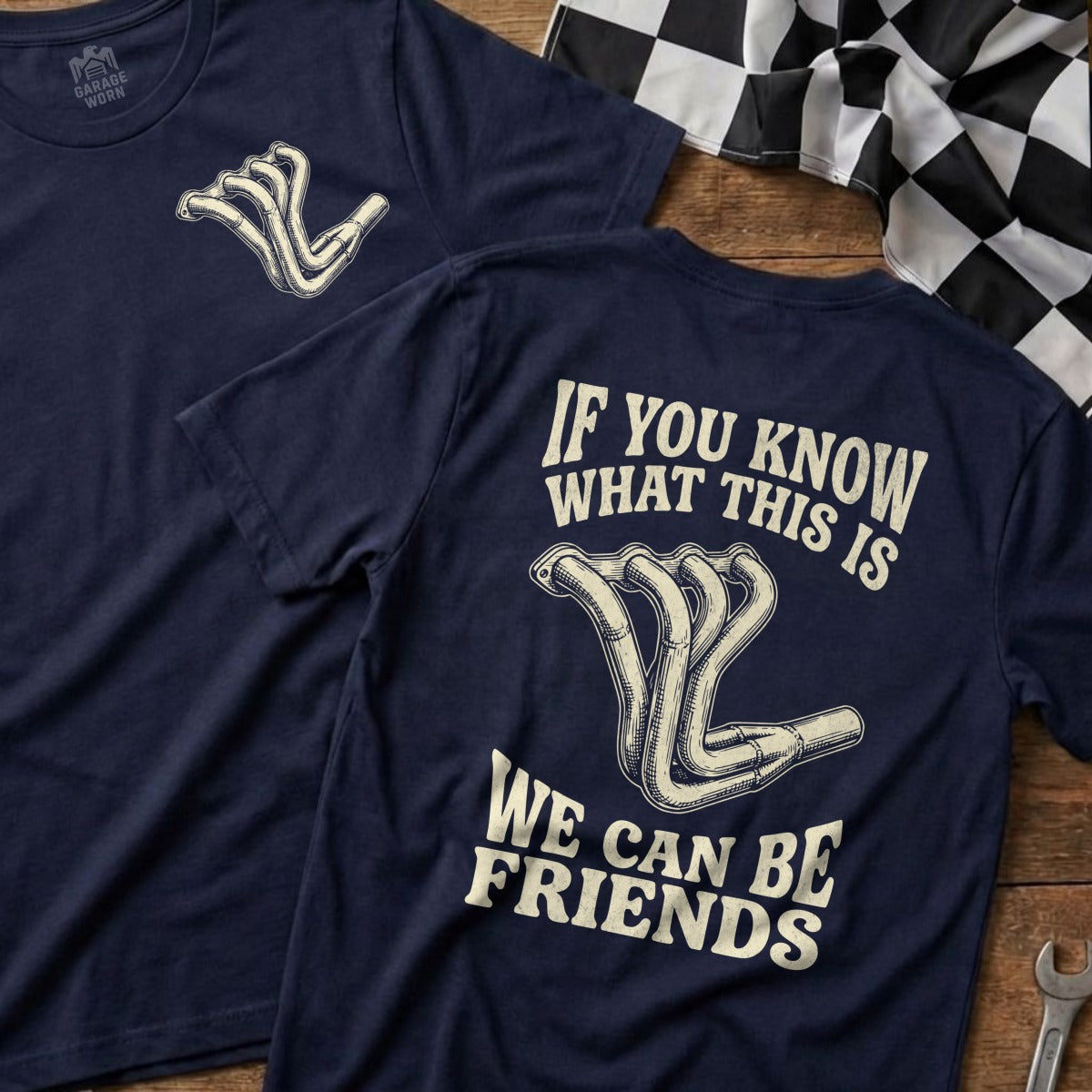 Navy t-shirt with exhaust manifold graphic and text "If you know what this is we can be friends."