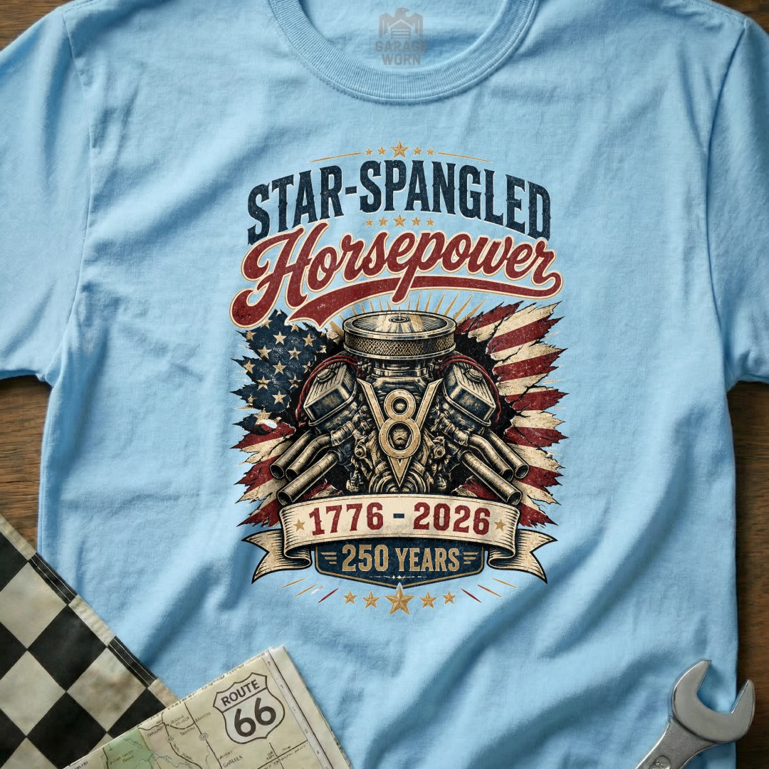 Light blue t-shirt with "Star-Spangled Horsepower" graphic featuring a V8 engine and American flag.