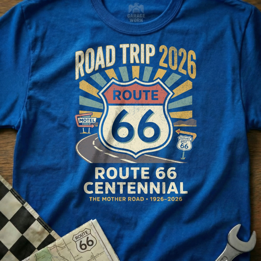Blue t-shirt with Route 66 Centennial 1926-2026 design.