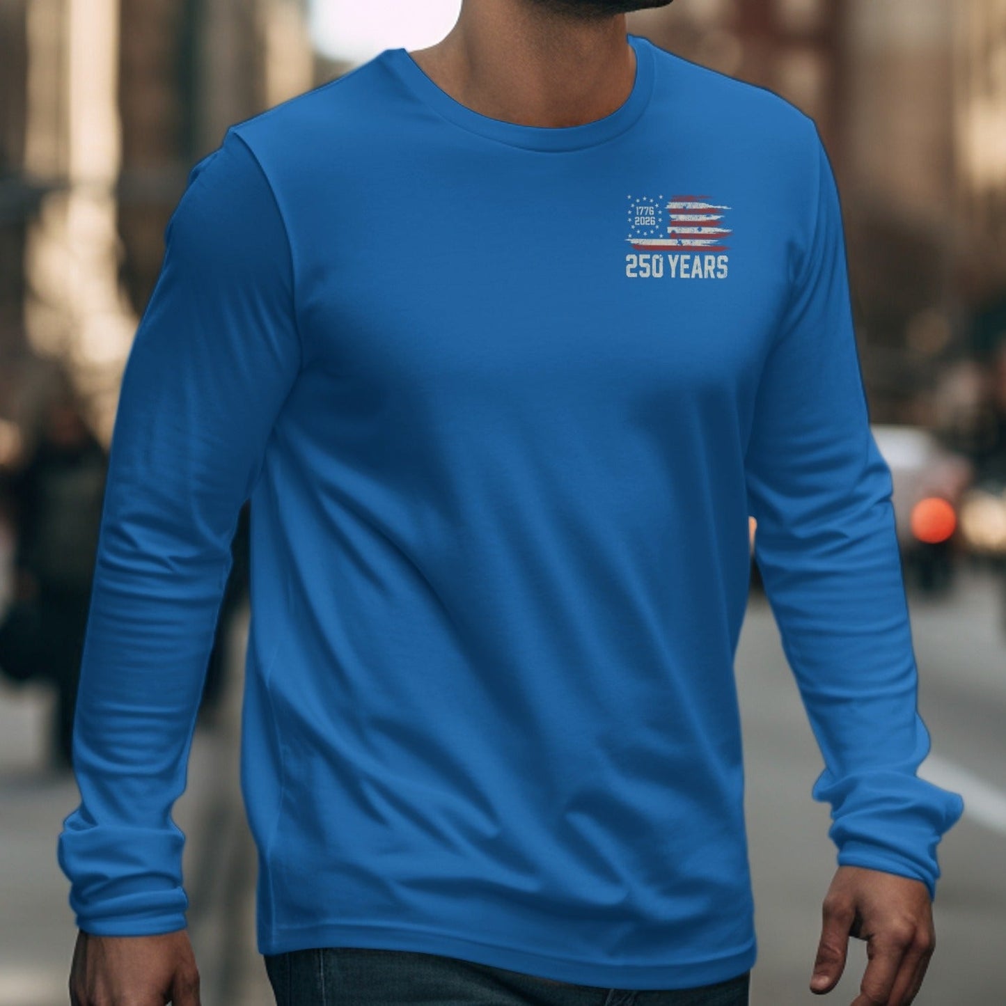 Blue long-sleeve shirt with American flag and "250 Years" text.