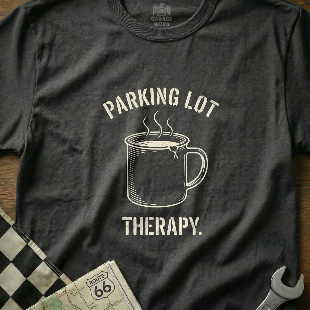 Dark t-shirt with "PARKING LOT THERAPY" and steaming coffee cup graphic.