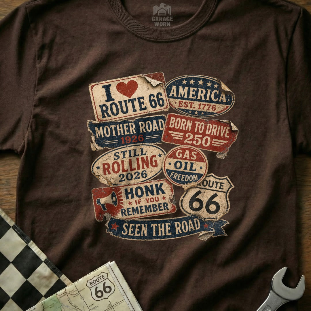 Brown t-shirt with distressed Route 66 graphics and text.