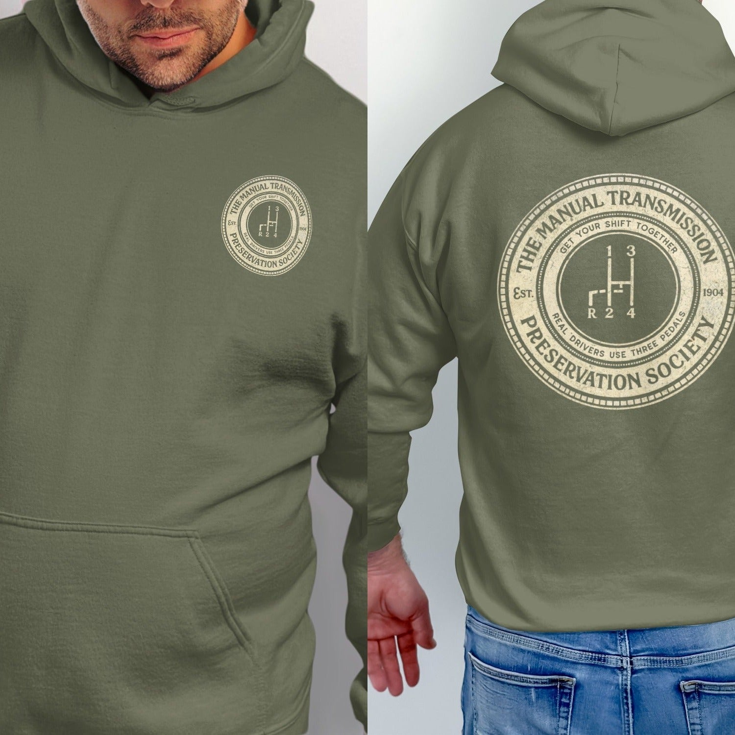 Olive green hoodie with "The Manual Transmission Preservation Society" logo and gear shift diagram.