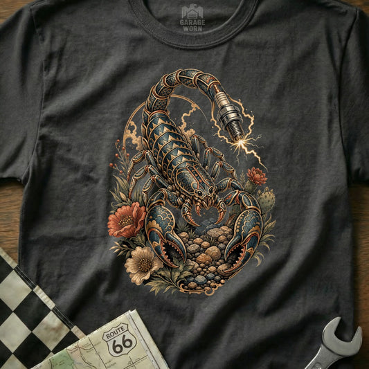 Scorpion with ornate armor, spark plug tail, and floral surroundings on a dark t-shirt.