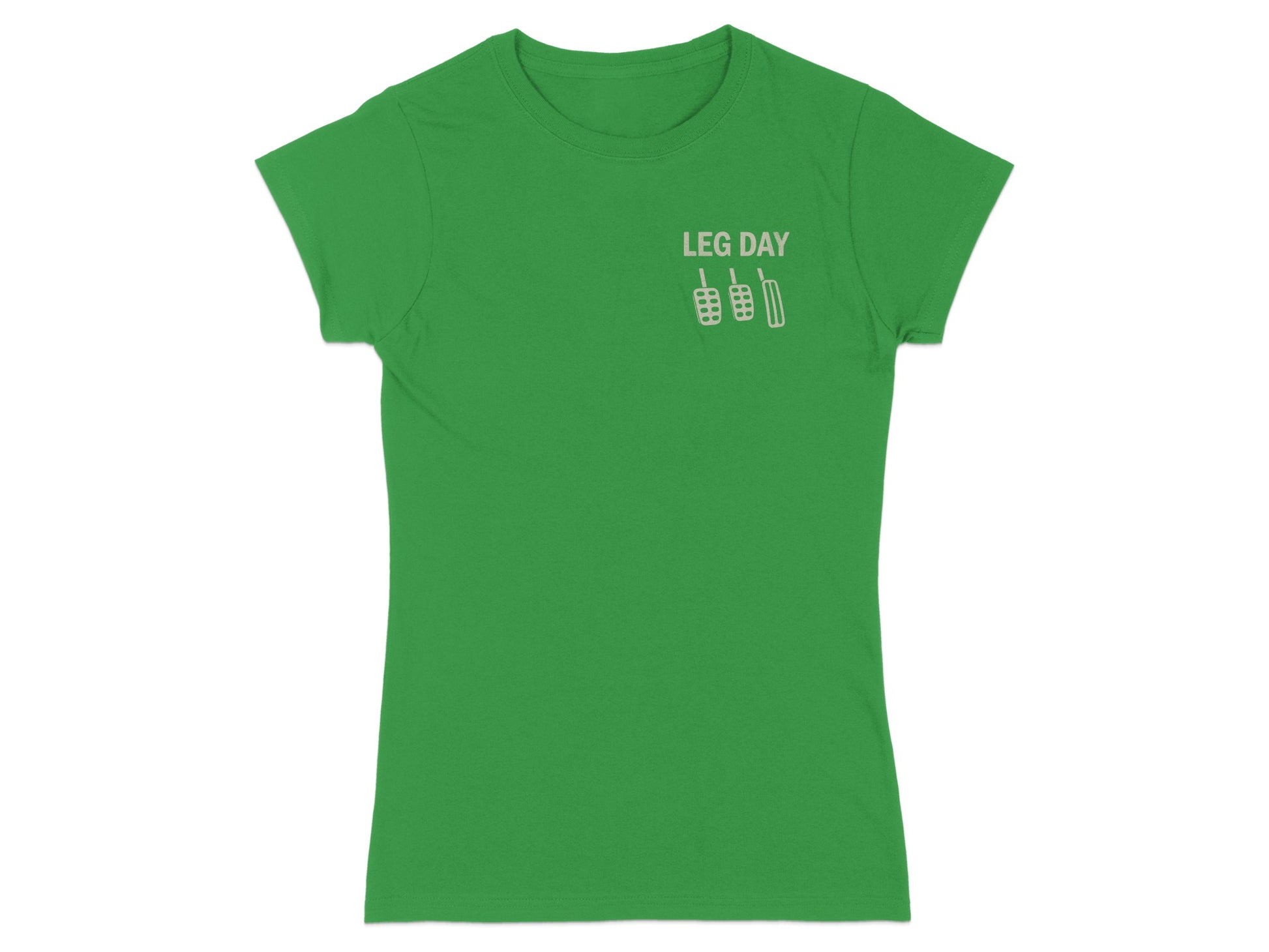 Green t-shirt with "LEG DAY" text and pedal graphic.