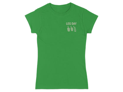 Green t-shirt with "LEG DAY" text and pedal graphic.